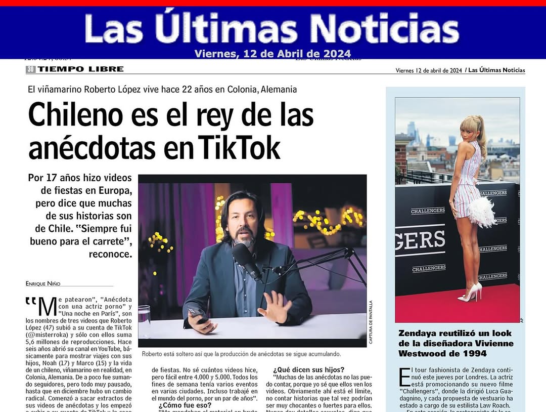 El Diario Chileno “Las Últimas Noticias” (LUN), publicó una nota sobre los videos de Anécdotas que subo a TikTok, YouTube y etc. Contaron también un par de detalles sobre la vida en general, Alemania,
